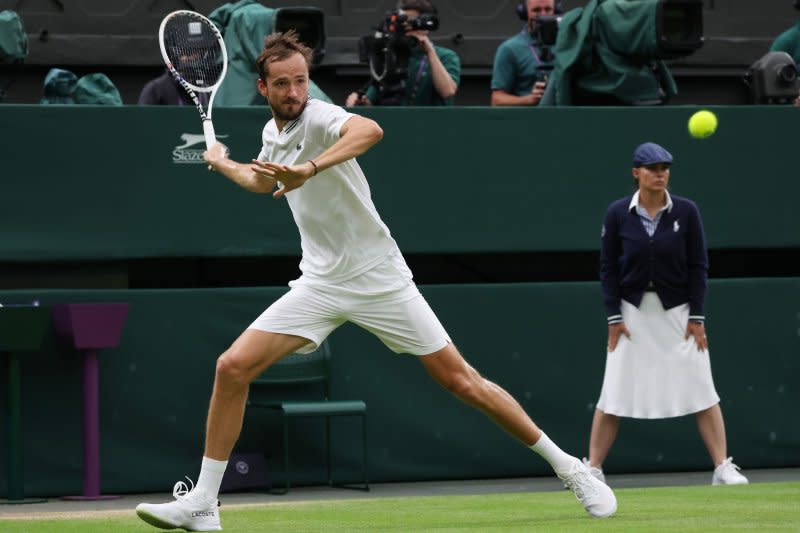 Russian Daniil Medvedev (pictured) snapped a five-match losing streak to Italian Jannik Sinner on Tuesday at Wimbledon. File Photo by Hugo Philpott/UPI