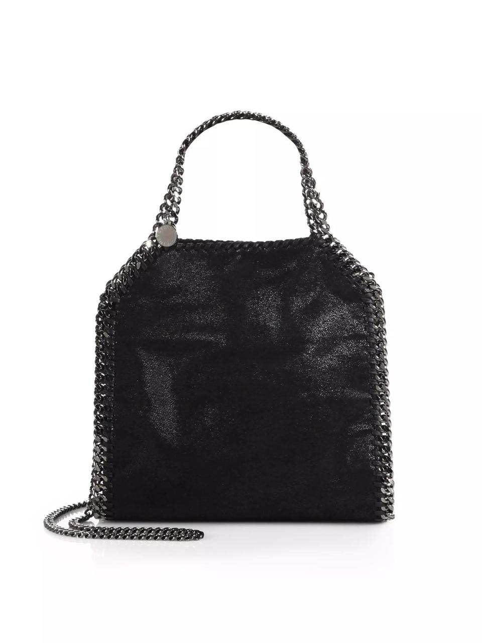 black vegan leather min tote with silver chain handle