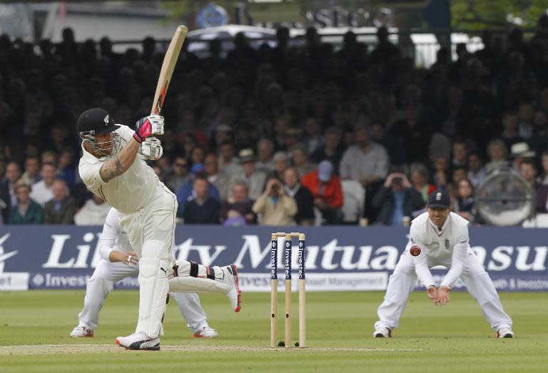 New Zealand's Brendon McCullum hits a shot on the third day of the first Test against England at Lord's cricket ground on May 23, 2015