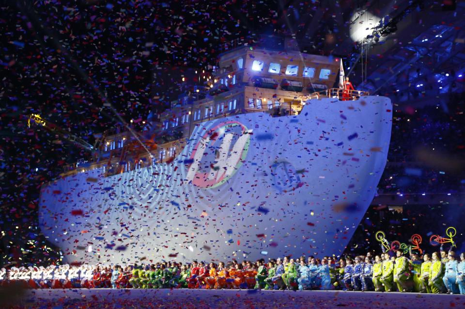 A huge icebreaker ship makes its way during the closing ceremony of the 2014 Winter Paralympics at the Fisht Olympic stadium in Sochi, Russia, Sunday, March 16, 2014. (AP Photo/Dmitry Lovetsky)