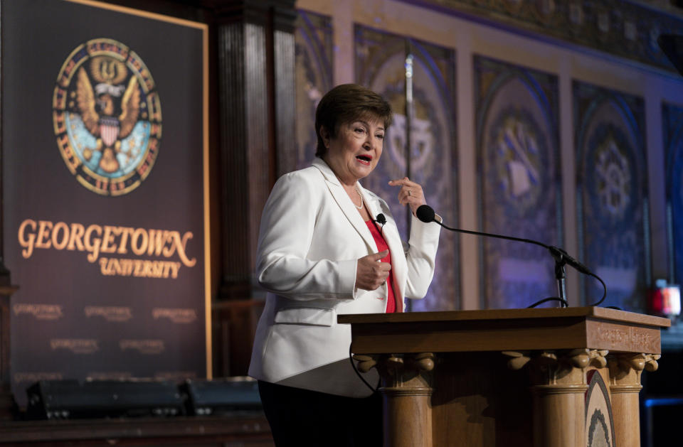 International Monetary Fund Managing Director Kristalina Georgieva speaks on the global economic outlook and key issues to be addressed at this month's IMF and World Bank Annual Meetings, at Georgetown University in Washington, Thursday, Oct. 6, 2022. (AP Photo/J. Scott Applewhite)