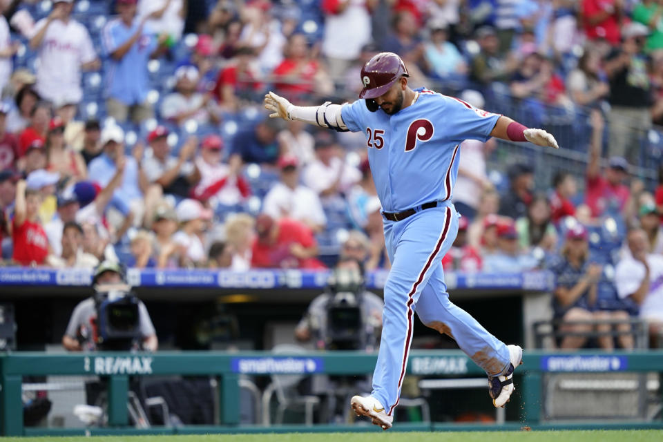 Philadelphia Phillies' Darick Hall celebrates after hitting a home run against Washington Nationals pitcher Steve Cishek during the seventh inning of a baseball game, Thursday, July 7, 2022, in Philadelphia. (AP Photo/Matt Slocum)