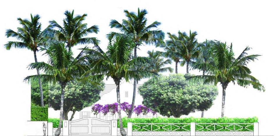 A rendering shows one of two solid-wood privacy gates initially designed for the Palm Beach estate of Sylvester and Jennifer Stallone but rejected by the Architectural Commission in July 2021. The board eventually approved a simpler gate design for the property.