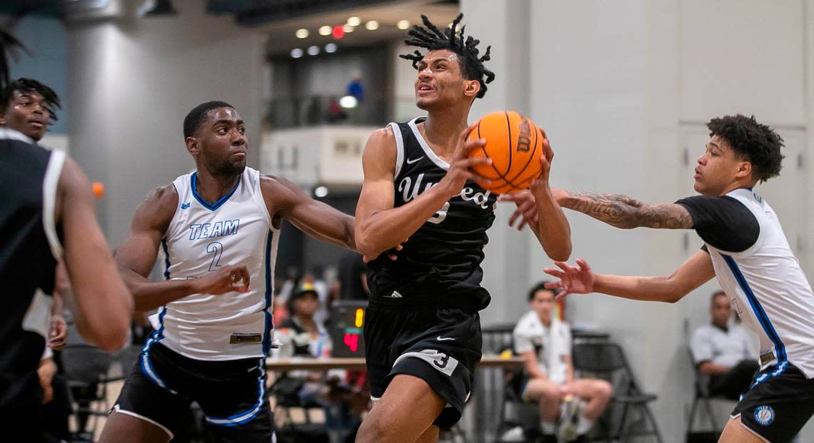 Jarin Stevenson (3) competes during an AAU Tournament game with his Team United on Saturday, April 15, 2023 at the Raleigh Convention Center in Raleigh, N.C.