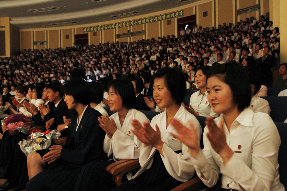 North Koreans applaud during a performance of North Korean and Norwegian accordion players in Pyongyang on Thursday May 17, 2012. North Korean students shot to YouTube fame earlier this year with their spirited rendition of "Take on Me." They were joined Thursday by North Korean and Norwegian musicians for a concert in Pyongyang to mark Norway's national day. (AP Photo/Kim Kwang Hyon)