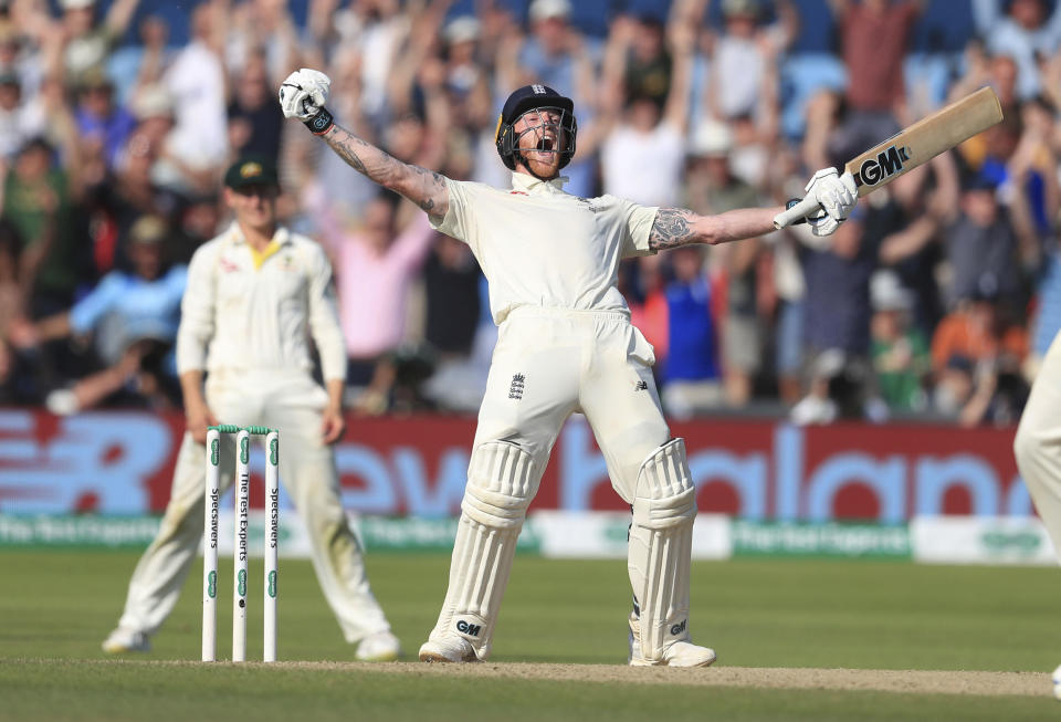 England's Ben Stokes celebrates winning on day four of the third Ashes cricket Test match against Australia at Headingley, Leeds, England, Sunday Aug. 25, 2019. (Mike Egerton/PA via AP)