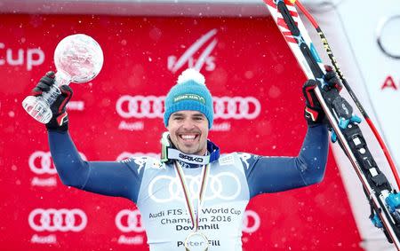 Alpine Skiing - Alpine Skiing World Cup - Men's Downhill race - St. Moritz, Switzerland - 16/3/16 - Peter Fill of Italy reacts REUTERS/Arnd Wiegmann