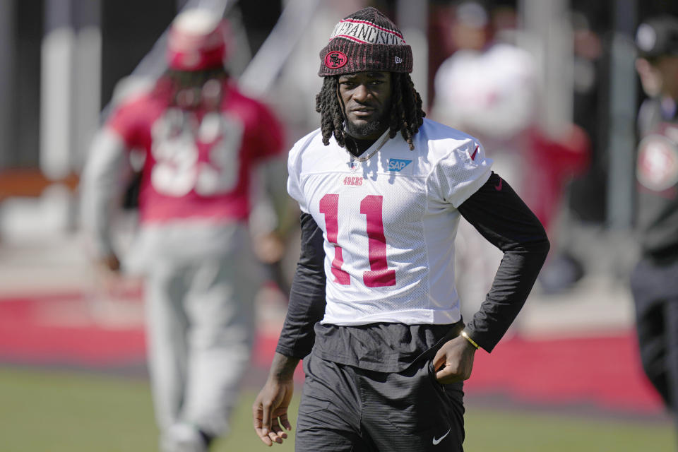 San Francisco 49ers dan wide receiver Brandon Aiyuk belum mencapai kesepakatan kontrak. (Foto AP/John Locher, Arsip)