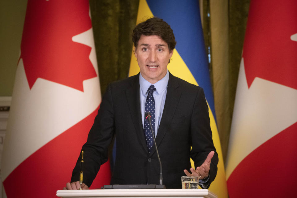 Canadian Prime Minister Justin Trudeau speaks during joint press conference with Ukrainian President Volodymyr Zelenskyy in Kyiv, Ukraine, on Saturday, June 10, 2023. (AP Photo/Efrem Lukatsky)