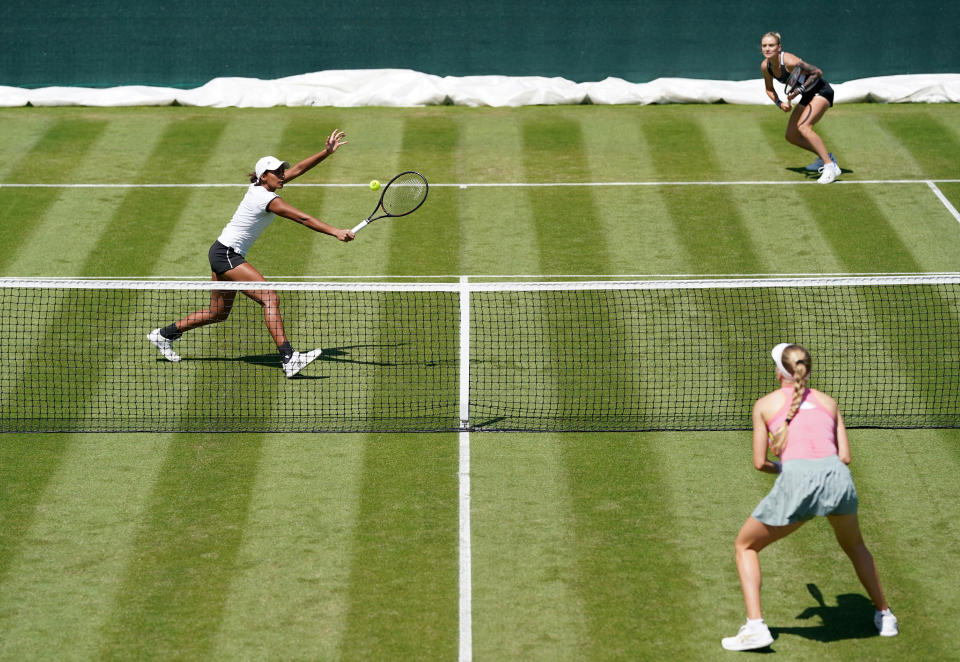 <p>Naiktha Bains (left) and Tereza Martincova in their doubles match against Heather Watson and Harriet Dart during day two of the Viking Classic at the Edgbaston Priory Club, Birmingham. Picture date: Tuesday June 15, 2021.</p>
