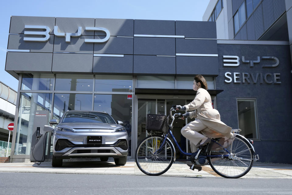 A BYD dealership is seen on April 4, 2023, in Yokohama near Tokyo. BYD Auto is part of a wave of Chinese electric car exporters that are starting to compete with Western and Japanese brands in their home markets. They bring fast-developing technology and low prices that Tesla Inc.'s chief financial officer says “are scary.” (AP Photo/Eugene Hoshiko)