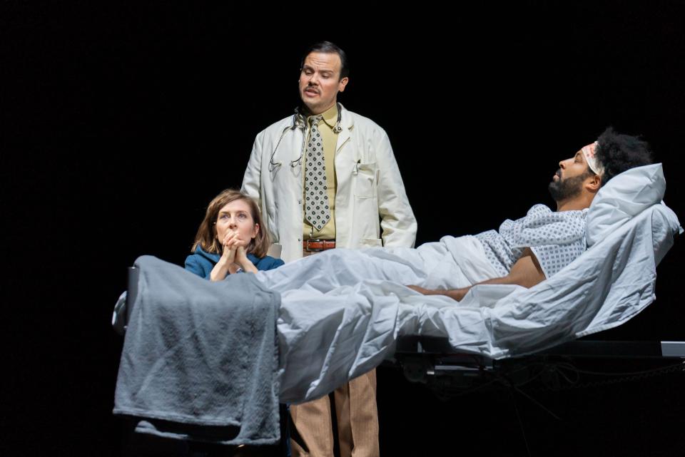 Kiera Duffy (Bess), left, David Portillo (Dr. Richardson) and Ben Taylor (Jan) during a "Breaking the Waves" rehearsal.