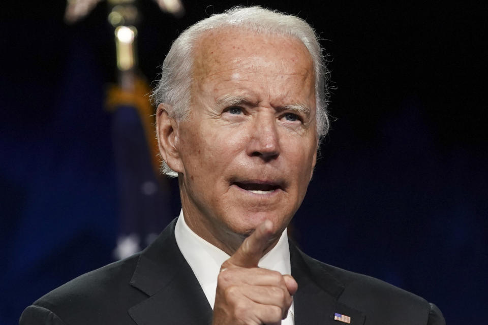 Former Vice President Joe Biden, Democratic presidential nominee, speaks during the Democratic National Convention at the Chase Center in Wilmington, Delaware, U.S., on Thursday, Aug. 20, 2020. (Stefani Reynolds/Bloomberg via Getty Images)