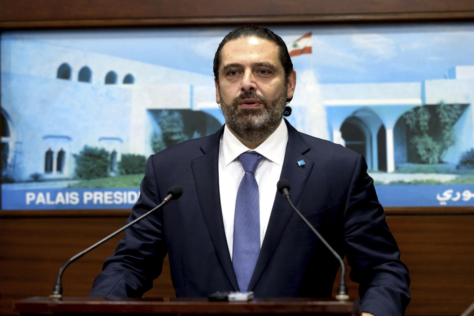 In this photo released by Lebanon's official government photographer Dalati Nohra, Lebanese Prime Minister Saad Hariri, speaks after a cabinet meeting, at the presidential palace, in Baabda, east of Beirut, Lebanon, Monday, Oct. 21, 2019. Lebanon's Cabinet approved Monday sweeping reforms that it hopes will appease hundreds of thousands of people who have been protesting for days, calling on Prime Minister Saad Hariri's government to resign. (Dalati Nohra via AP)