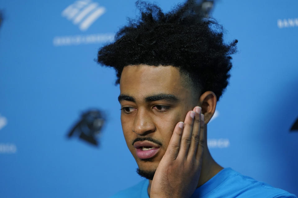 Carolina Panthers quarterback Bryce Young (9) speaks during a post game news conference following an NFL football game against the Miami Dolphins, Sunday, Oct. 15, 2023, in Miami Gardens, Fla. The Dolphins defeated the Panthers 42- 21. (AP Photo/Lynne Sladky)