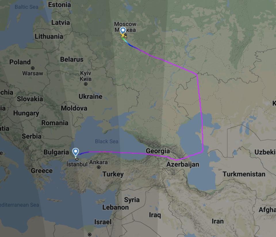 Screenshot of FlightRadar24 website showing Roman Abramovich's jet's flight path to Moscow form Instanbul.