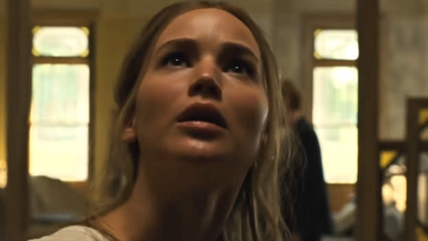 Mother (Jennifer Lawrence) looks up, concerned