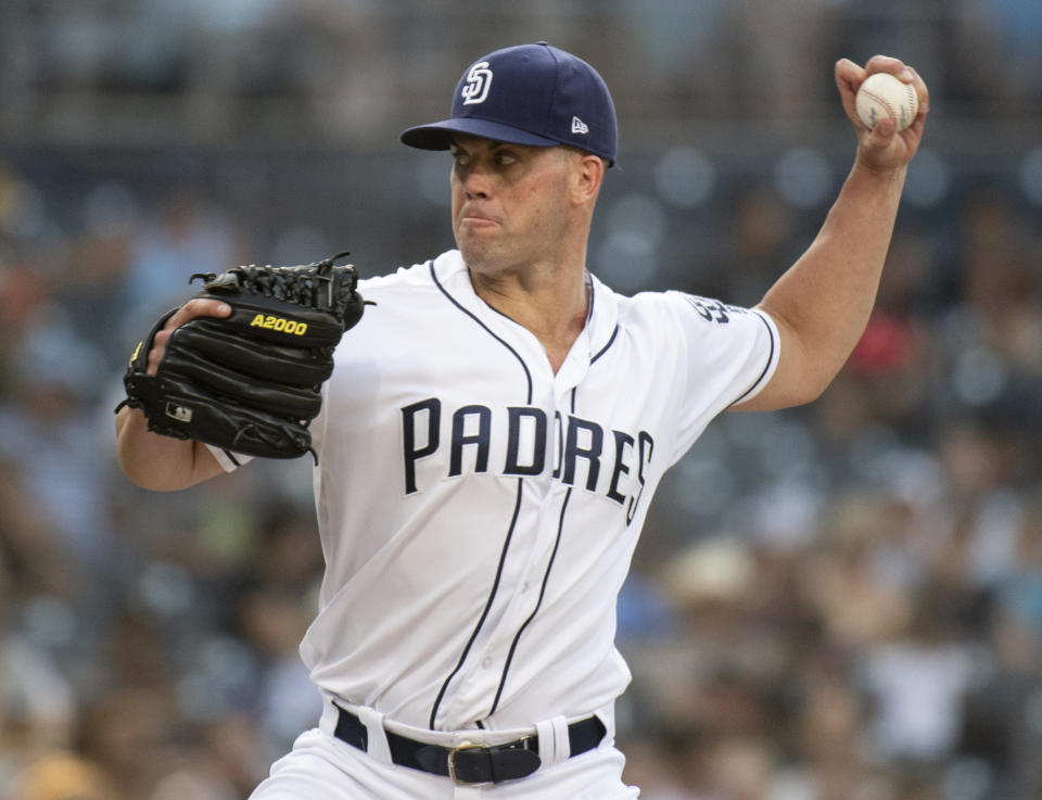 San Diego Padres starting pitcher Clayton Richard delivers a pitch during the third inning of a baseball game against the Arizona Diamondbacks in San Diego, Saturday, Aug. 18, 2018. (AP Photo/Kyusung Gong)