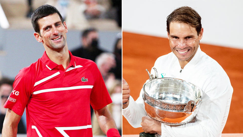 Novak Djokovic (pictured left) looking frustrated and Rafael Nadal (pictured right) celebrating with the French Open trophy.