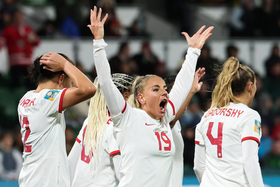 Canada's forward #19 Adriana Leon (C) celebrates scoring her team's second goal during the Australia and New Zealand 2023 Women's World Cup Group B football match between Canada and Ireland at Perth Rectangular Stadium in Perth on July 26, 2023. (Photo by Colin MURTY / AFP) (Photo by COLIN MURTY/AFP via Getty Images)