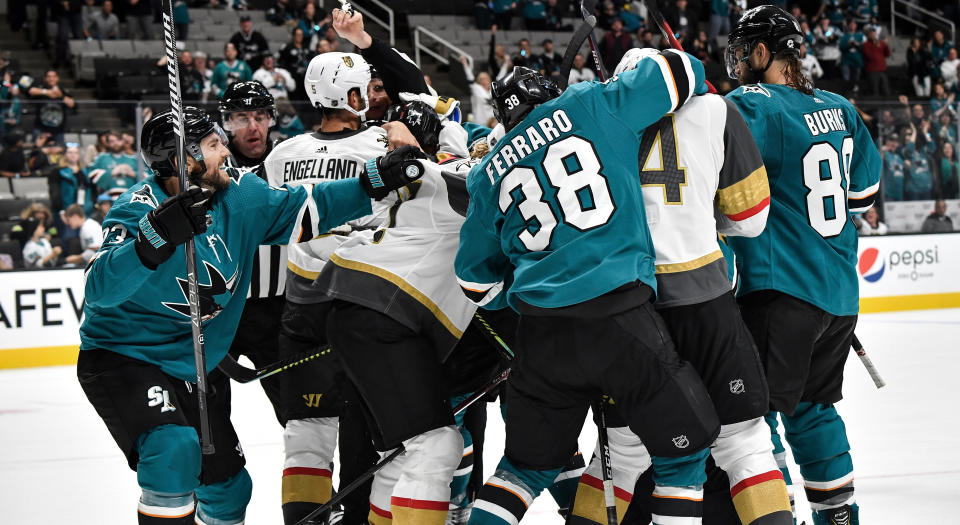 Things got heated in the third period of the Vegas Golden Knights' matchup against the San Jose Sharks. (Photo by Brandon Magnus/NHLI via Getty Images)