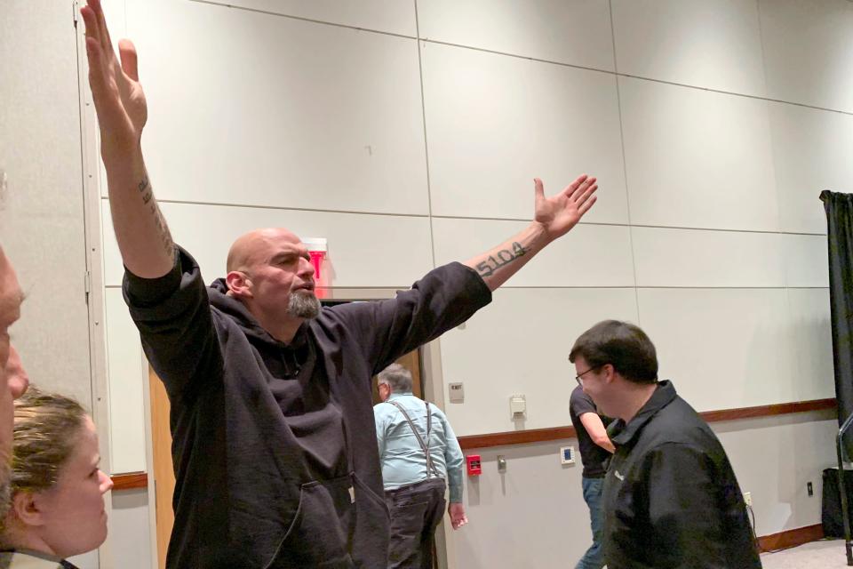 Pennsylvania Lt. Gov. John Fetterman, a Democratic candidate for U.S. Senate, greets supporters after a speech at the Frank J. Pasquerilla Conference Center in Johnstown, Pa., on Friday, Oct. 14, 2022.