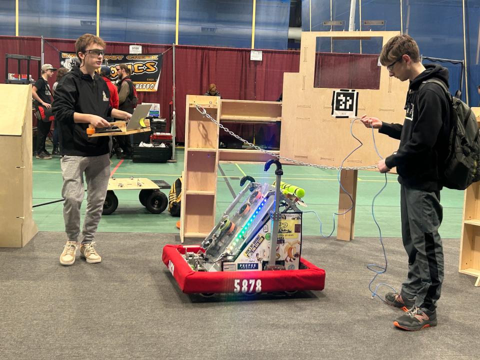 The Great Lakers team from Mackinac Island use a small practice field for last minute adjustments on their robot before the FIRST Robotics competition begins at LSSU on March 14, 2024.