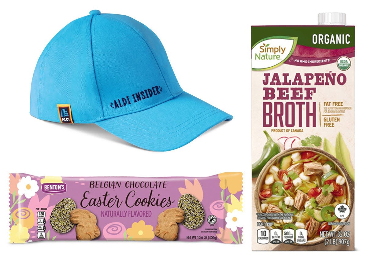 Aldi Gear light-blue cap; Benton's Easter cookies; Simply Nature jalapeño beef broth