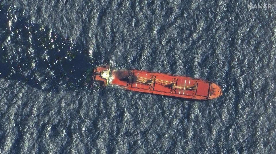 This satellite image taken by Maxar Technologies shows the Belize-flagged ship Rubymar in the Red Sea on Friday, March 1, 2024. The Rubymar, earlier attacked by Yemen's Houthi rebels, has sunk in the Red Sea after days of taking on water, officials said Saturday, March 2, 2024, the first vessel to be fully destroyed as part of their campaign over Israel's war against Hamas in the Gaza Strip. (Maxar Technologies via AP)