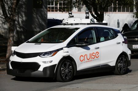 A self-driving GM Bolt EV is seen during a media event where Cruise, GM's autonomous car unit, showed off its self-driving cars in San Francisco