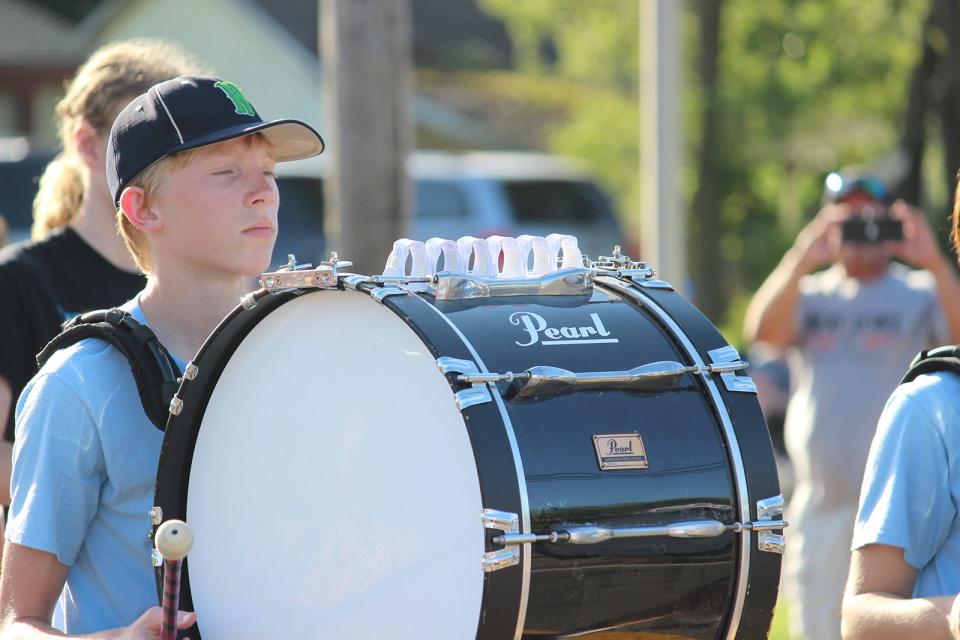 A significant ensemble, including members of the percussion group, comprised the Northern Lights Homeschool Marching Band. The group was part of Thursday’s Three Rivers Water Festival parade.