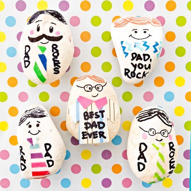 father's day crafts, white rocks decorated to look like dads