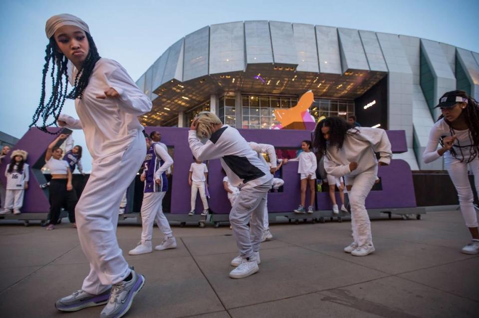 Kayla Brown-Coles, left, 15, and dances with fellow Balance Dance Project dancers during a pop-up session at DoCo during the NBA basketball game between the Sacramento Kings and the Golden State Warriors on Friday, April 7, 2023, at Golden 1 Center. Excitement for the Kings’ last home game of the regular season was only eclipsed by anticipation for the team’s first playoff berth in 16 years.