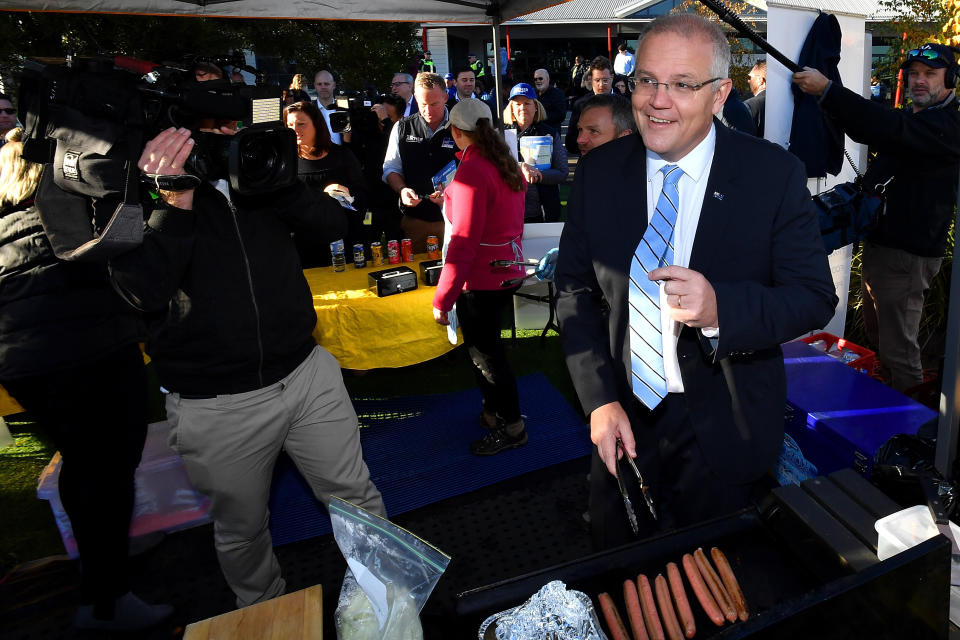 Australian Prime Minister Scott Morrison at a sausage sizzle in Launceston. Source: AAP