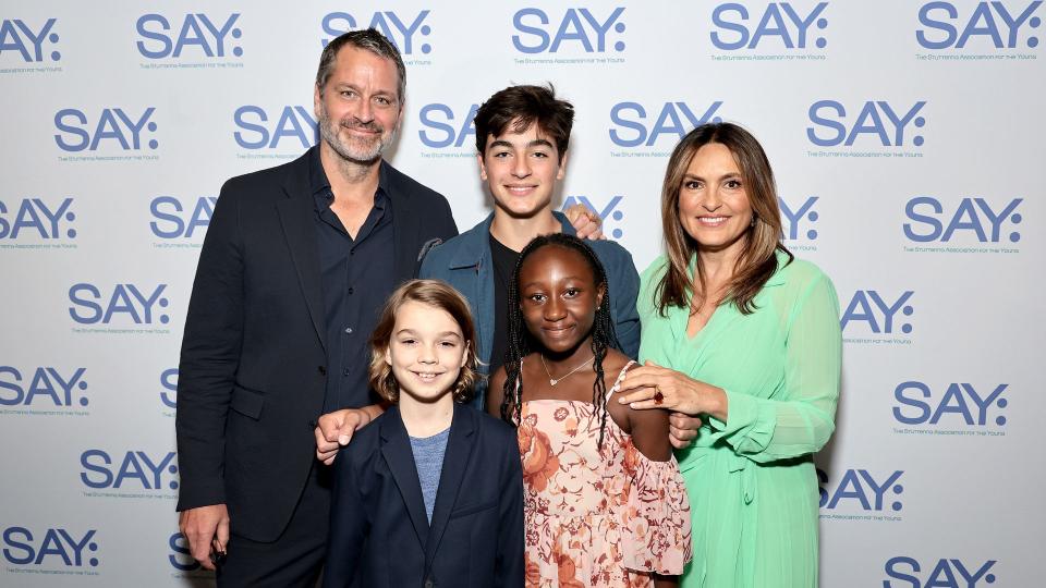 Peter Hermann and Mariska Hargitay pose with their children, August Miklos Friedrich Hermann, Andrew Nicolas Hargitay Hermann and Amaya Josephine Hermann at the 2023 Stuttering Association For The Young (SAY) Benefit Gala at The Edison Ballroom on May 22,