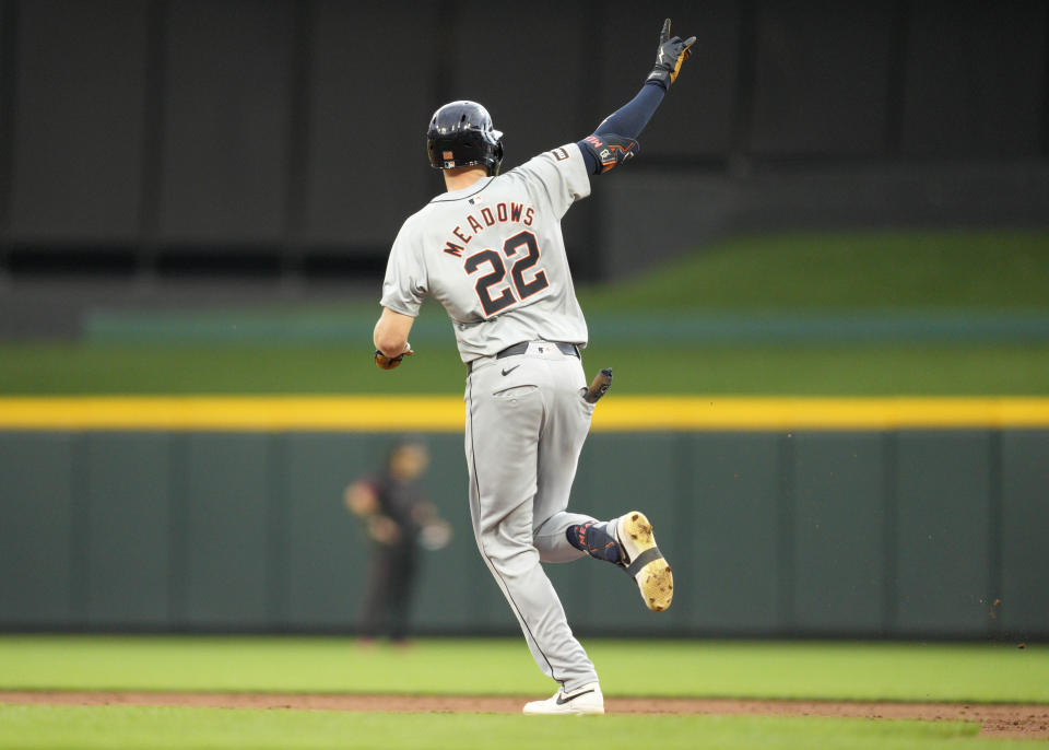 Detroit Tigers' Parker Meadows gestures as he rounds the bases after hitting a solo home run in the third inning of a baseball game against the Cincinnati Reds in Cincinnati, Friday, July 5, 2024. (AP Photo/Jeff Dean)