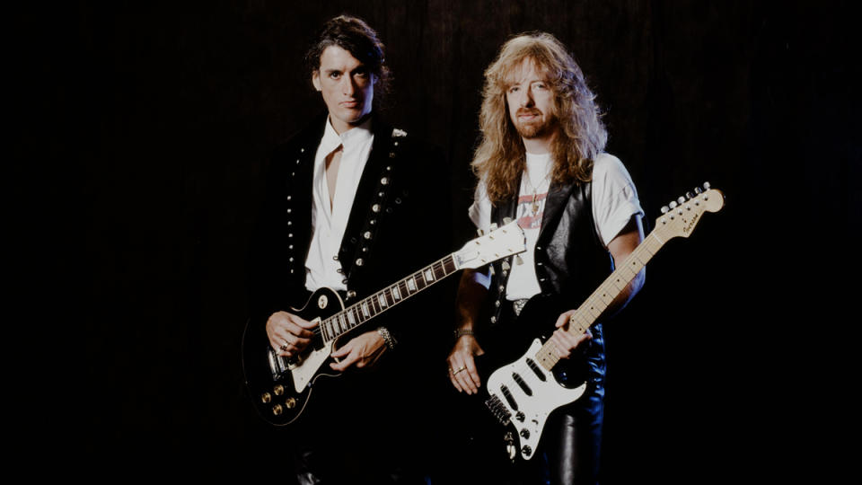 Joe Perry and Brad Whitford Aerosmith in photo session at a hotel, Tokyo, September 19, 1990.