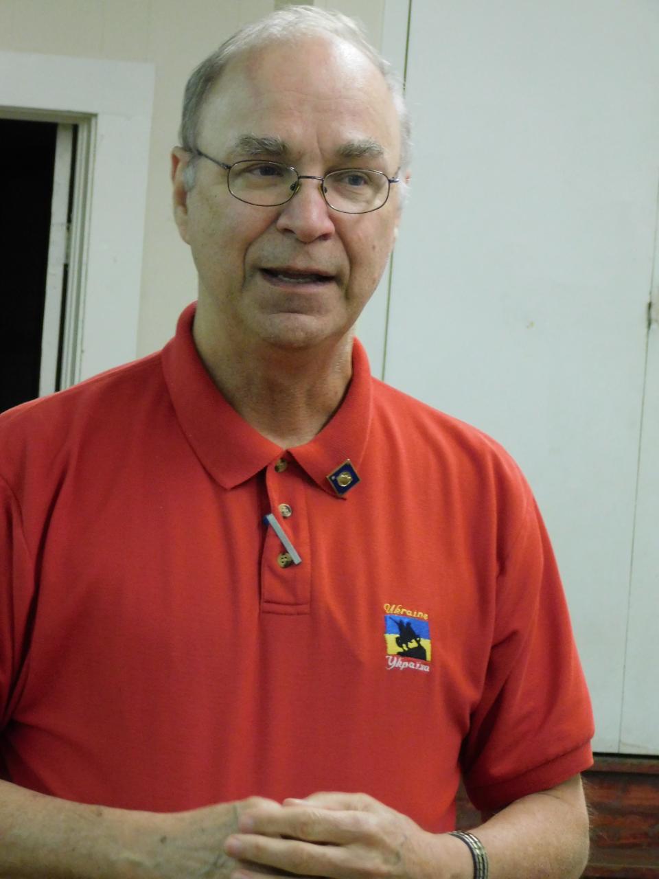 Opelousas Rotarian Bruce Gaudin speaks to club members about Ukraine victim relief through Rotary International