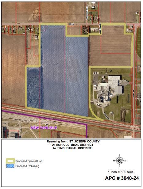 This is where the Chicago South Shore & South Bend Railroad hopes to have a rail terminal east of New Carlisle. It would wrap around the Alkegen plant (formerly Unifrax), which fills the southeast corner