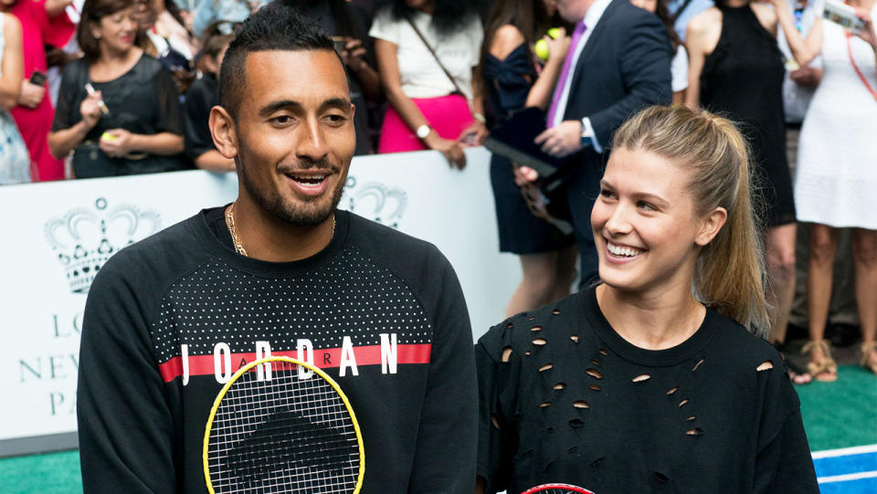 Tennis players Nick Kyrgios and Eugenie Bouchard share a laugh as they pose for a photo.