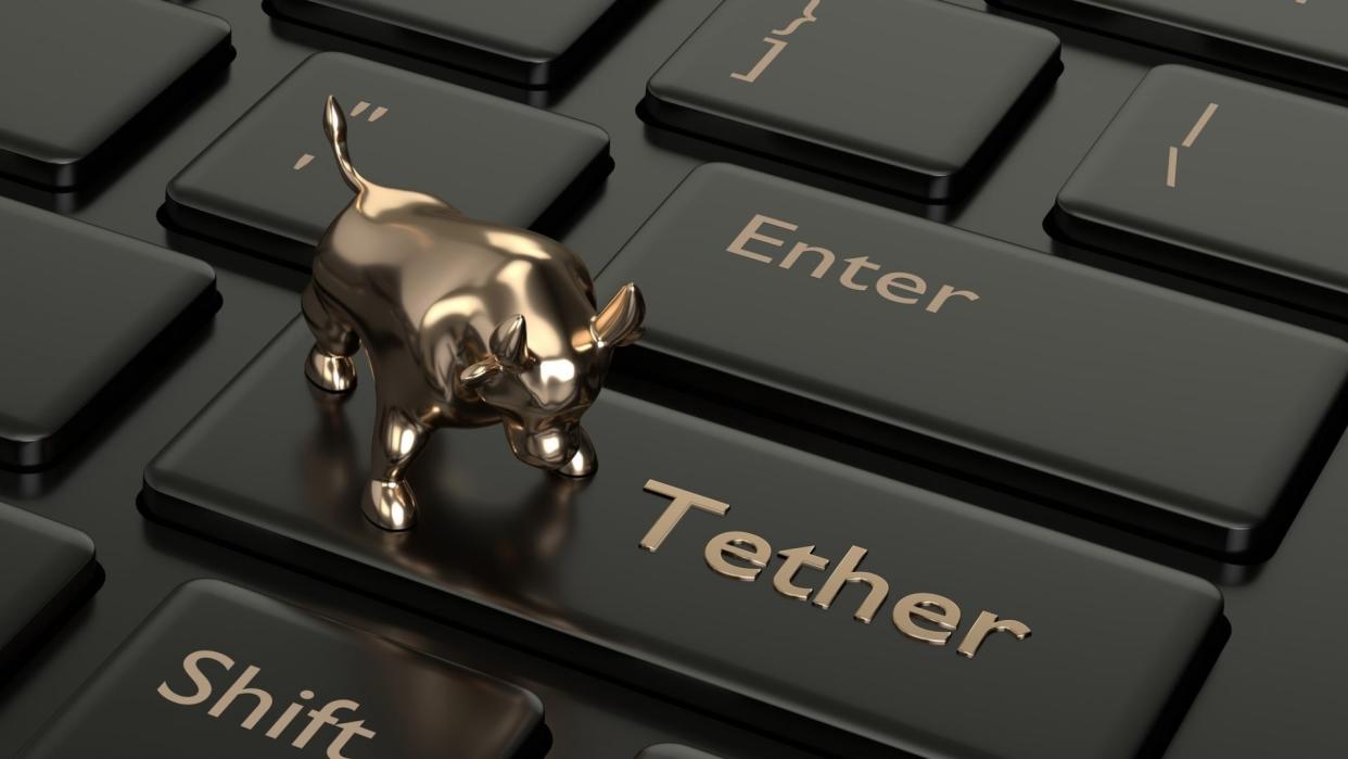 3d render of computer keyboard with Tether button and bull.