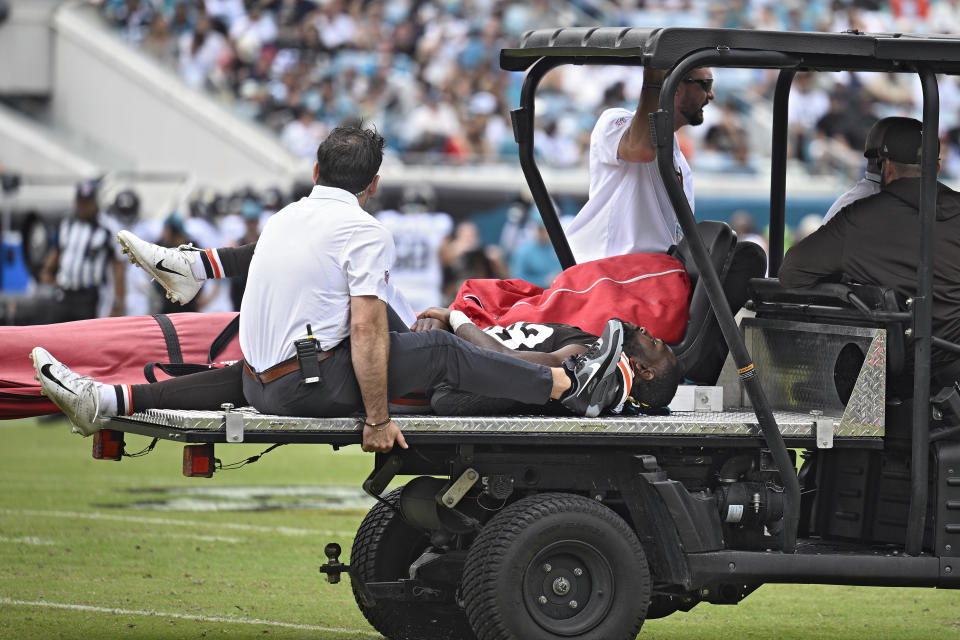 Cleveland Browns wide receiver David Bell (18) is taken off the field in a cart after getting hurt against the Jacksonville Jaguars during the second half of an NFL football game Sunday, Sept. 15, 2024, in Jacksonville, Fla. (AP Photo/Phelan M. Ebenhack)