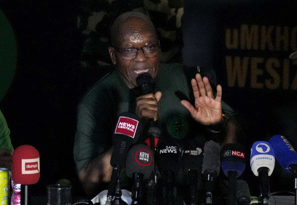 FILE - Former South African President Jacob Zuma speaks during a press conference in Soweto, South Africa, on Dec. 16, 2023, where Zuma gave his backing to the newly-formed political party, uMkhonto weSizwe, (MK). For the first time since 1994, the ruling African National Congress (ANC) might receive less than 50% of votes after Zuma stepped down in disgrace in 2018 amid a swirl of corruption allegations and has given his support to the MK. (AP Photo/Themba Hadebe, File)