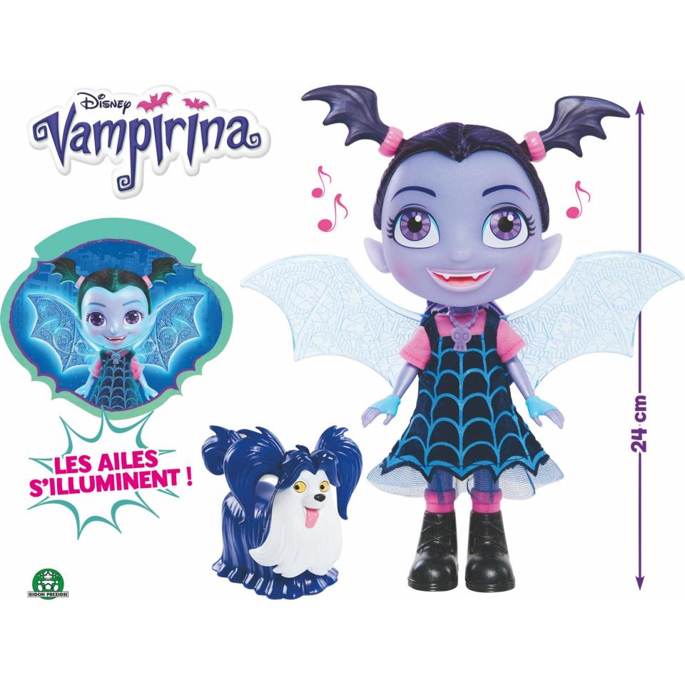 <strong>Vampirina</strong> est l'héroïne du dessin animé de Disney du même nom. Et c'est un véritable carton. Les petites filles sont fans de cette petite vampire de 6 ans qui est chanteuse et musicienne. <strong>Cette poupée de 24 cm </strong>avec des ailes lumineuses et des effets sonores ravira les plus assidues. <a href="https://jouetsdenoel.carrefour.fr/produit/jouets-1er-age/poupees-24-cm-avec-ailes-lumineuses-et-sons-vampirina" rel="nofollow noopener" target="_blank" data-ylk="slk:Prix : 44,90 euros;elm:context_link;itc:0;sec:content-canvas" class="link ">Prix : 44,90 euros</a>.