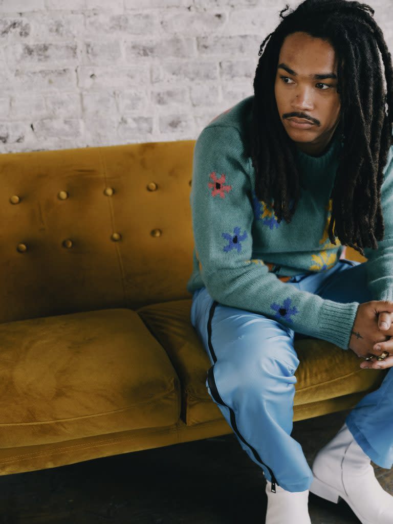 Luka Sabbat in <a href="https://fave.co/3wGLhxh" rel="noopener" target="_blank" data-ylk="slk:The Elder Statesman crewneck sweater;elm:context_link;itc:0;sec:content-canvas" class="link ">The Elder Statesman crewneck sweater</a>, <a href="https://fave.co/2UMvmQL" rel="noopener" target="_blank" data-ylk="slk:Bottega Veneta pants;elm:context_link;itc:0;sec:content-canvas" class="link ">Bottega Veneta pants</a> and Sunni Sunni boots.<br>Photo by <a href="https://www.instagram.com/sheekswinsalways/?hl=en" rel="nofollow noopener" target="_blank" data-ylk="slk:Shaniqwa Jarvis;elm:context_link;itc:0;sec:content-canvas" class="link ">Shaniqwa Jarvis</a>