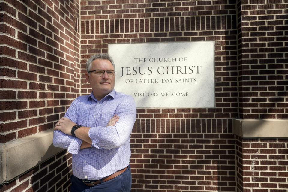 Søren Simonsen poses for a photograph Tuesday, Aug. 24, 2021, in Salt Lake City. The Church of Jesus Christ of Latter-day Saints church leaders recently issued their strongest statement yet urging people to "limit the spread" by getting COVID-19 vaccines and wearing masks. "Our faith leaders have been so consistent from the very beginning," said Simonsen, of Salt Lake City. "And to hear people say, 'This is a hoax, it doesn't matter, it's not affecting us,' when millions of people have died, it's heartbreaking." (AP Photo/Rick Bowmer)