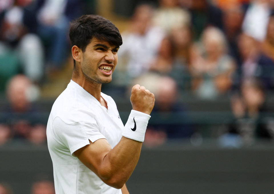 Spain's Carlos Alcaraz reacts during his second round match against Australia's Aleksandar Vukic at Wimbledon (Reuters via Beat Media Group subscription)