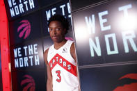 Toronto Raptors' OG Anunoby poses at Scotiabank Arena during the NBA basketball team's Media Day in Toronto, Monday, Sept. 27, 2021. (Cole Burston/The Canadian Press via AP)