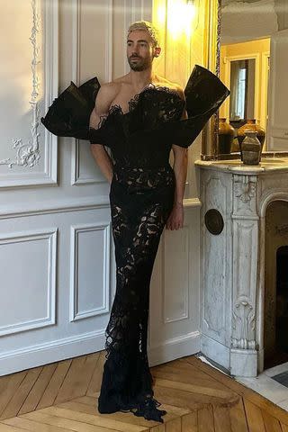 <p>Christian Siriano/Instagram</p> Christian Siriano's boyfriend Kyle Smith poses in sheer lace gown after models fails to show up