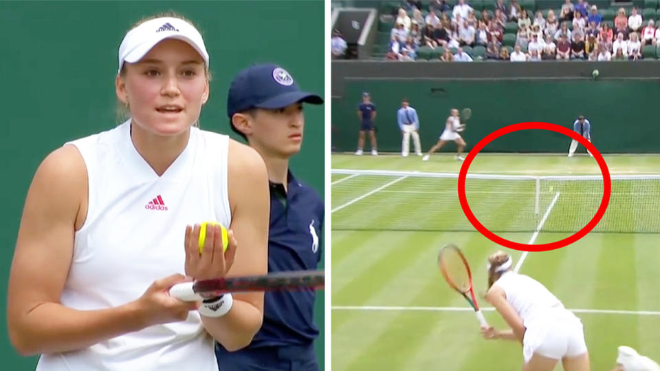 Elena Rybakina (pictured left) was left fuming at the chair umpire over a brutal call during her close battle with Arnya Sabalenka at Wimbledon. (Images: Stan)